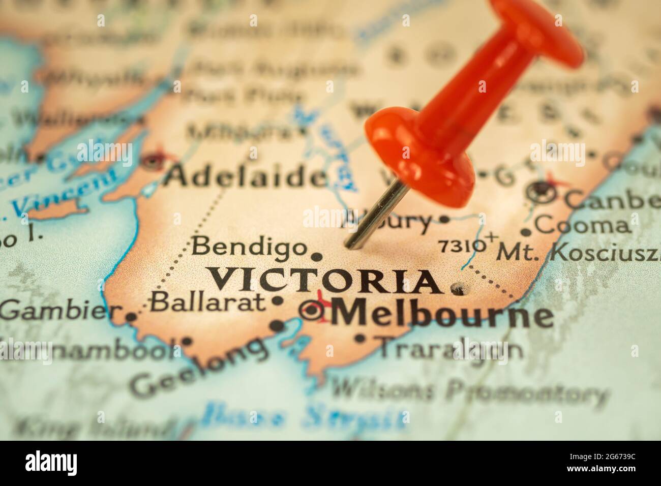 Location Victoria State In Australia Map With Push Pin Closeup Travel And Journey Concept Stock Photo Alamy