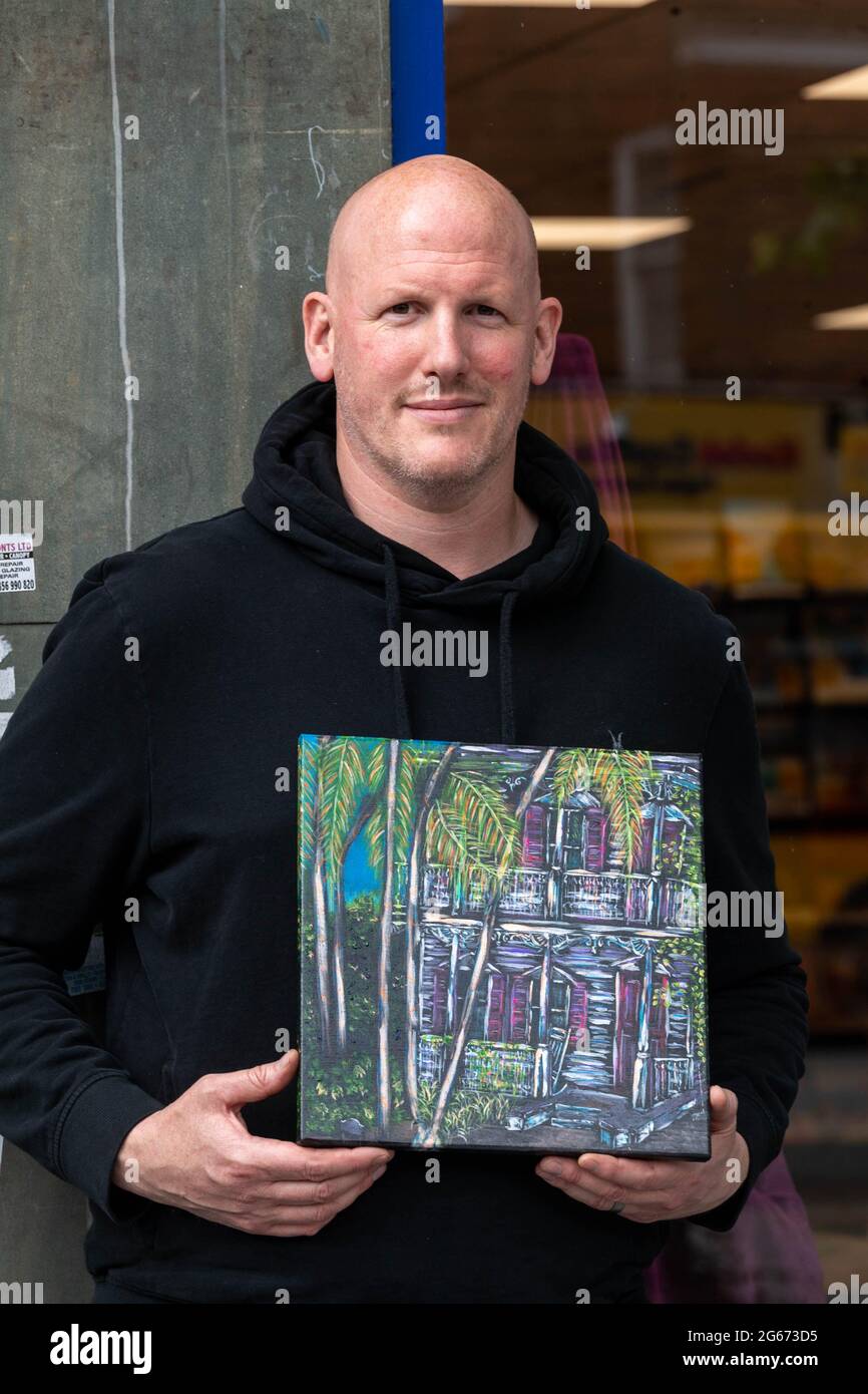 Brentwood Essex 3rd July 2021 The Brentwood Art trail opened today with displays and exhibitions of paintings and art works in shop windows, galleries and public buildings. Pictured is Paul Carroll a local artist Credit: Ian Davidson/Alamy Live News Stock Photo