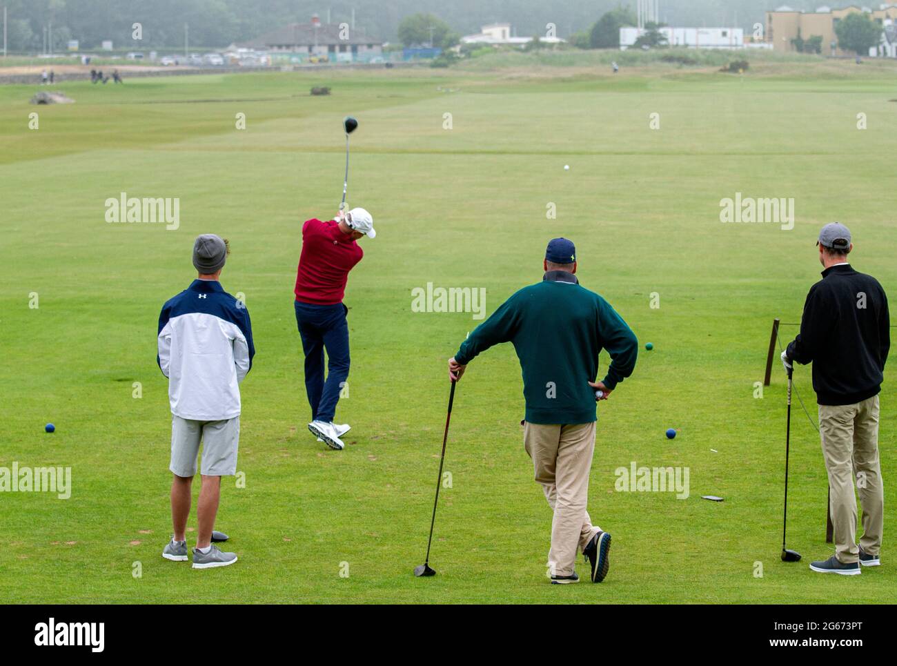 St Andrews, Fife, Scotland, UK. 3rd July, 2021. UK Weather: A cool misty day across North East Scotland with temperatures reaching 15°C. Local residents get together for a day out to enjoy a game of golf at The Old Course at St Andrews Links. Credit: Dundee Photographics/Alamy Live News Stock Photo
