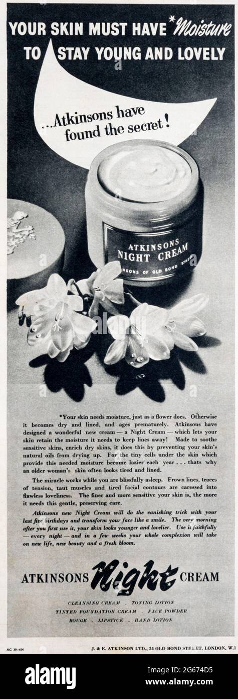 A 1950s magazine advertisement for Atkinson's Night Cream moisturiser. Stock Photo
