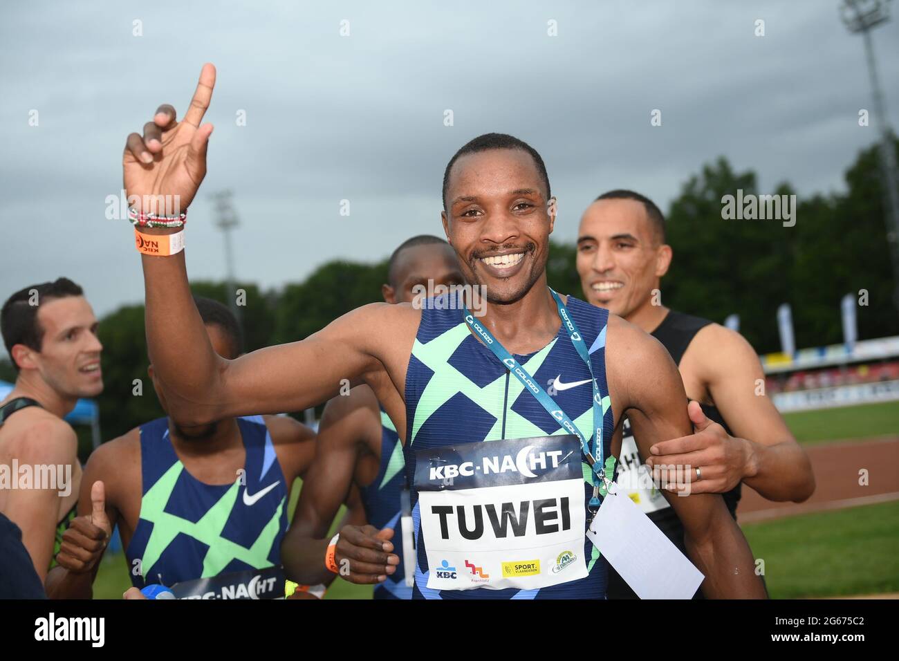 Kenya's Cornelious Tuwei celebrates after winning the men's 800m race at the 'KBC Nacht van de Atletiek' athletics meeting in Heusden-Zolder, Saturday Stock Photo