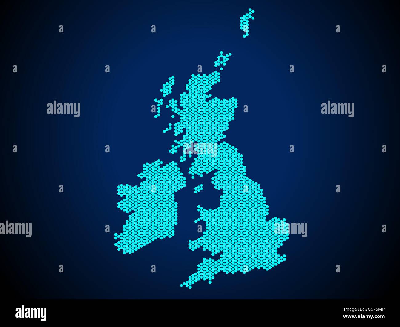 Honey Comb or Hexagon textured map of United Kingdom Country isolated on dark blue background - vector illustration Stock Vector