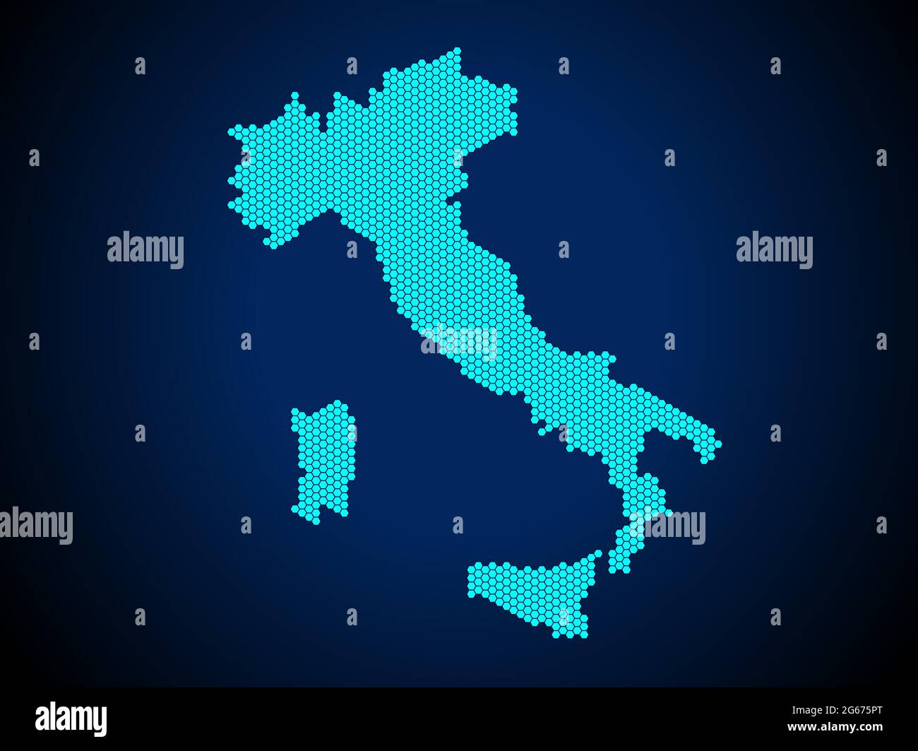 Honey Comb or Hexagon textured map of Italy Country isolated on dark blue background - vector illustration Stock Vector