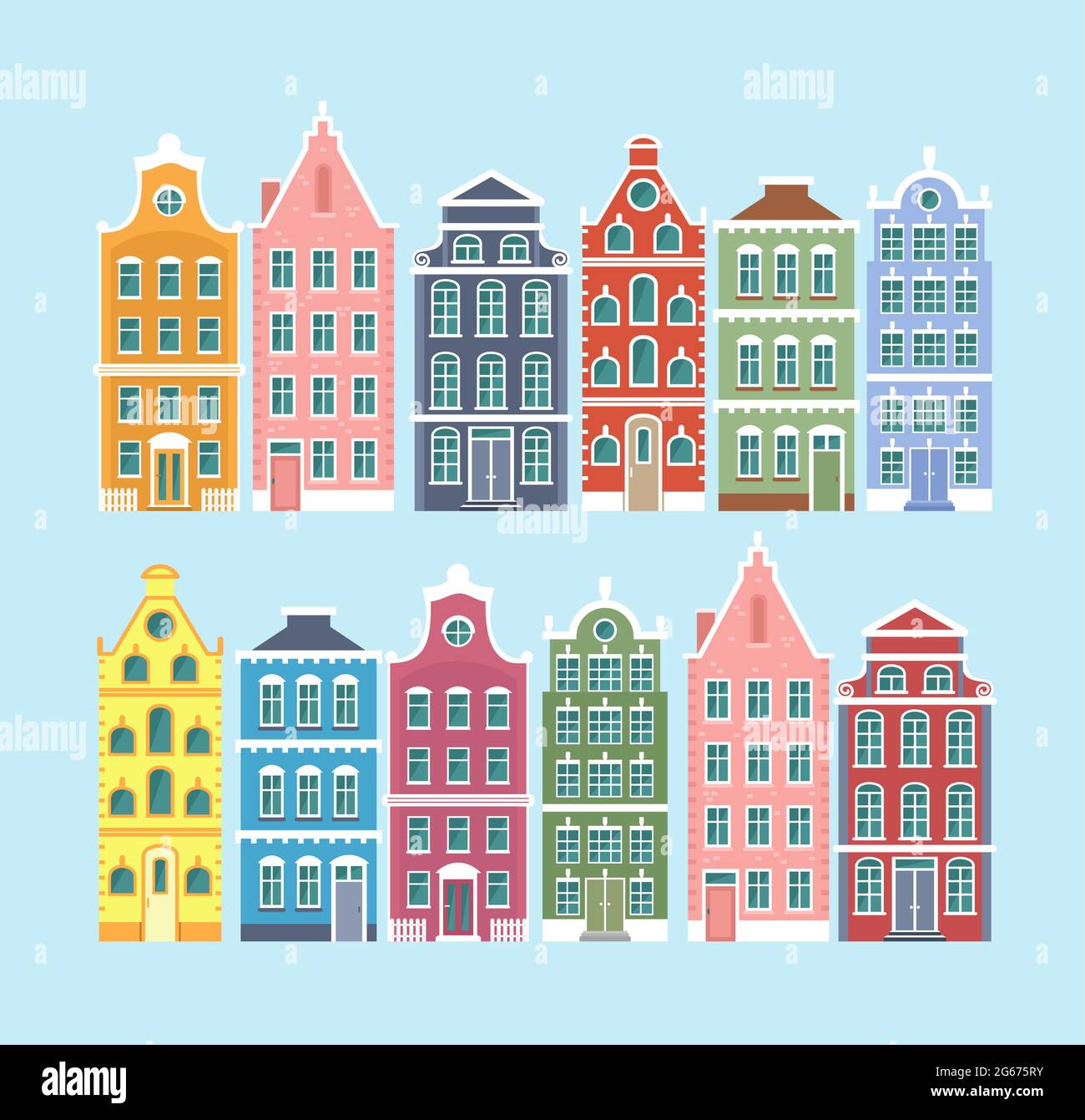 Vector illustration set of european old style colorful houses isolated on light blue color background. Dutch, Netherland style cute houses in flat Stock Vector