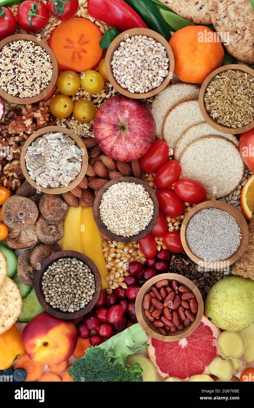 Healthy food collection high in dietary fibre for gut health with foods also high in