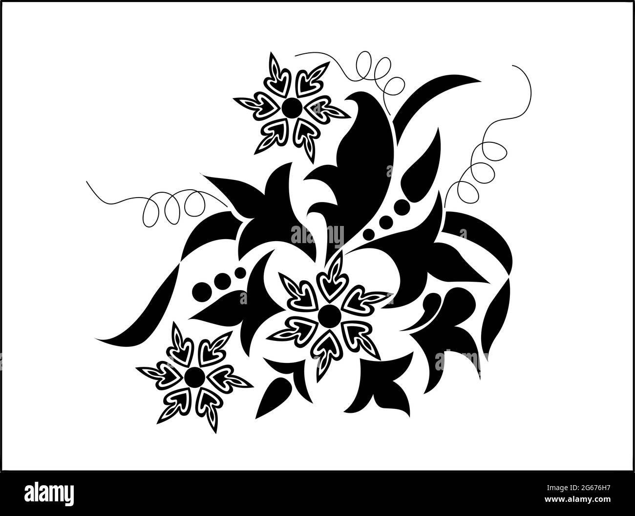 Abstract floral design concept of petals, leaves and spirals isolated on black and white