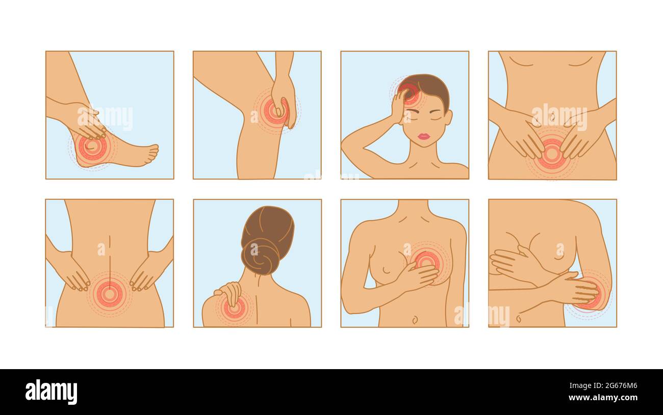 Vector illustration set of woman s pain types. Characters showing different pain types in flat style. Stock Vector