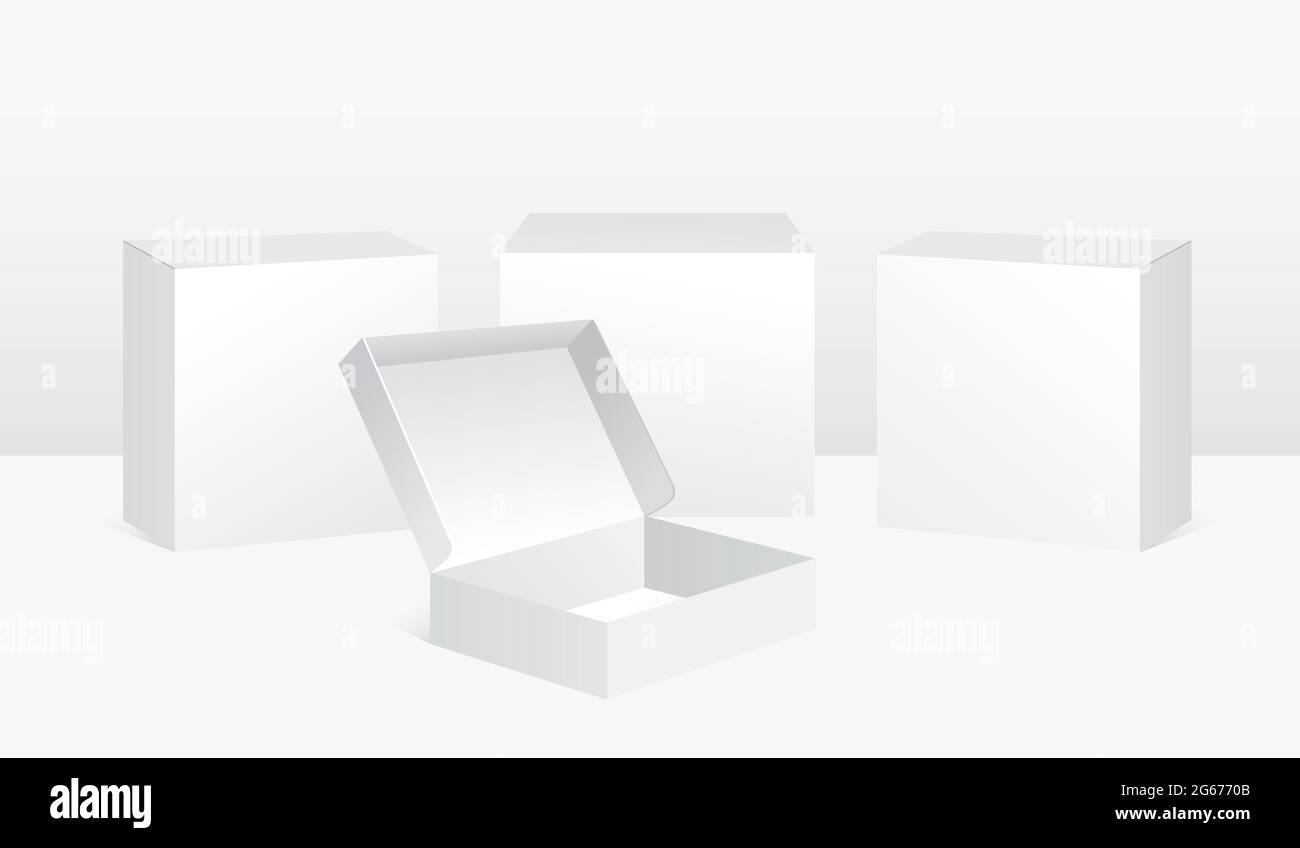 Vector illustration set of white boxes in realistic style isolated on white background. Boxes