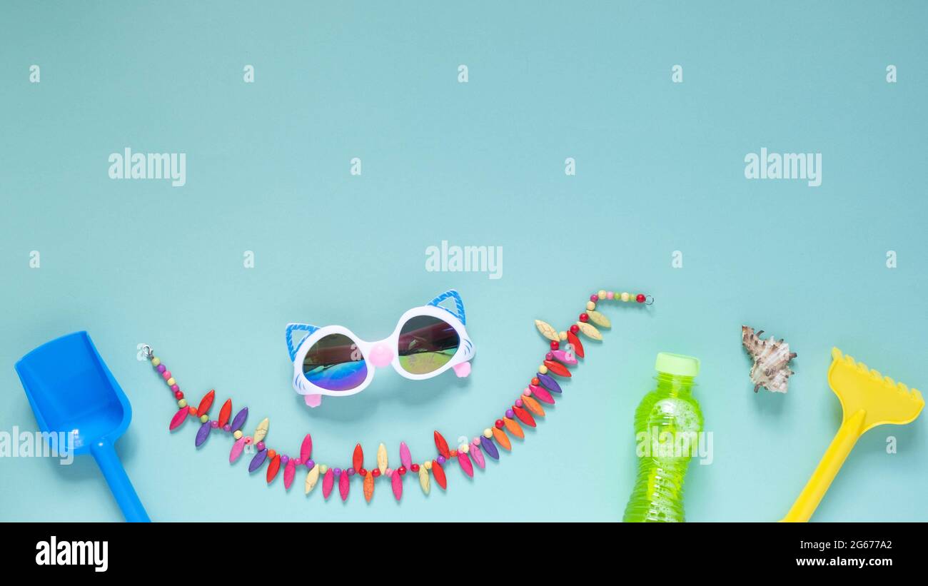 Set of baby beach accessories on light background Stock Photo Alamy