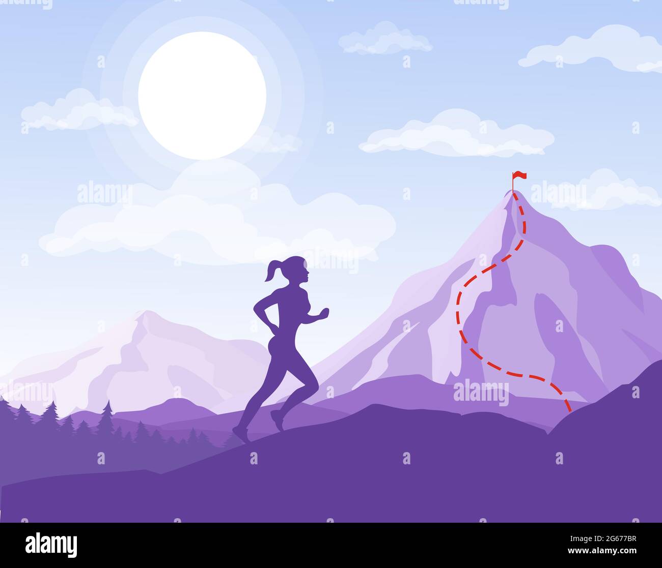 Vector illustration of woman running to the point in mountains. Business concept, young woman run on the rocks to the flag, silhouette flat style. Stock Vector