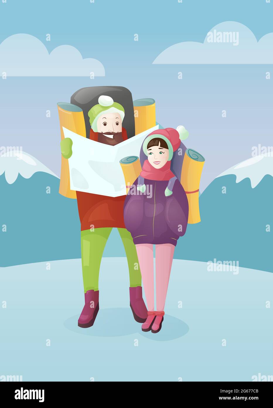 Vector illustration young couple with travel bag and map on winter mountains background. Traveling concept, man and woman in cartoon flat style. Stock Vector