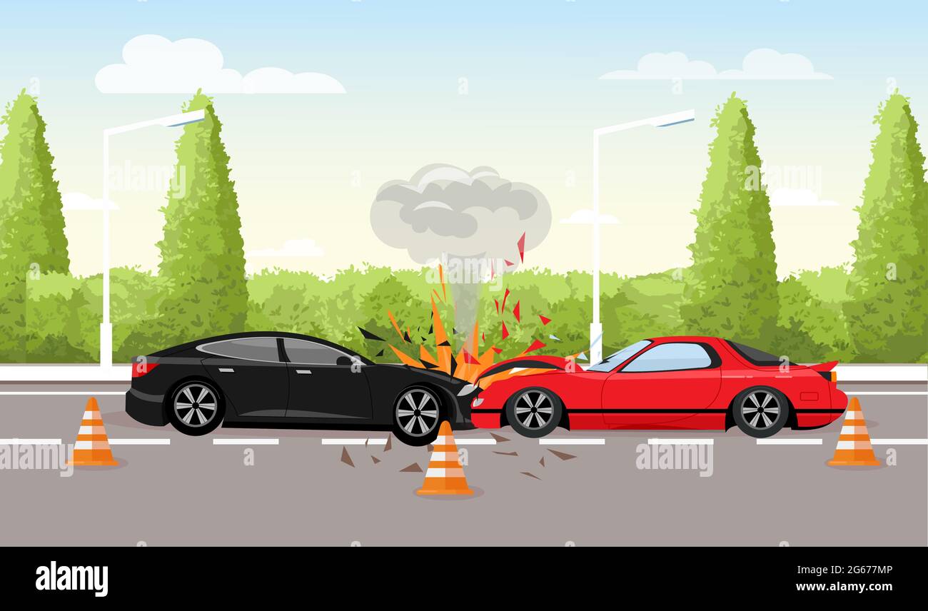 Vector illustration of car accident on the road. Two cars crash, car accident concept in flat style. Stock Vector