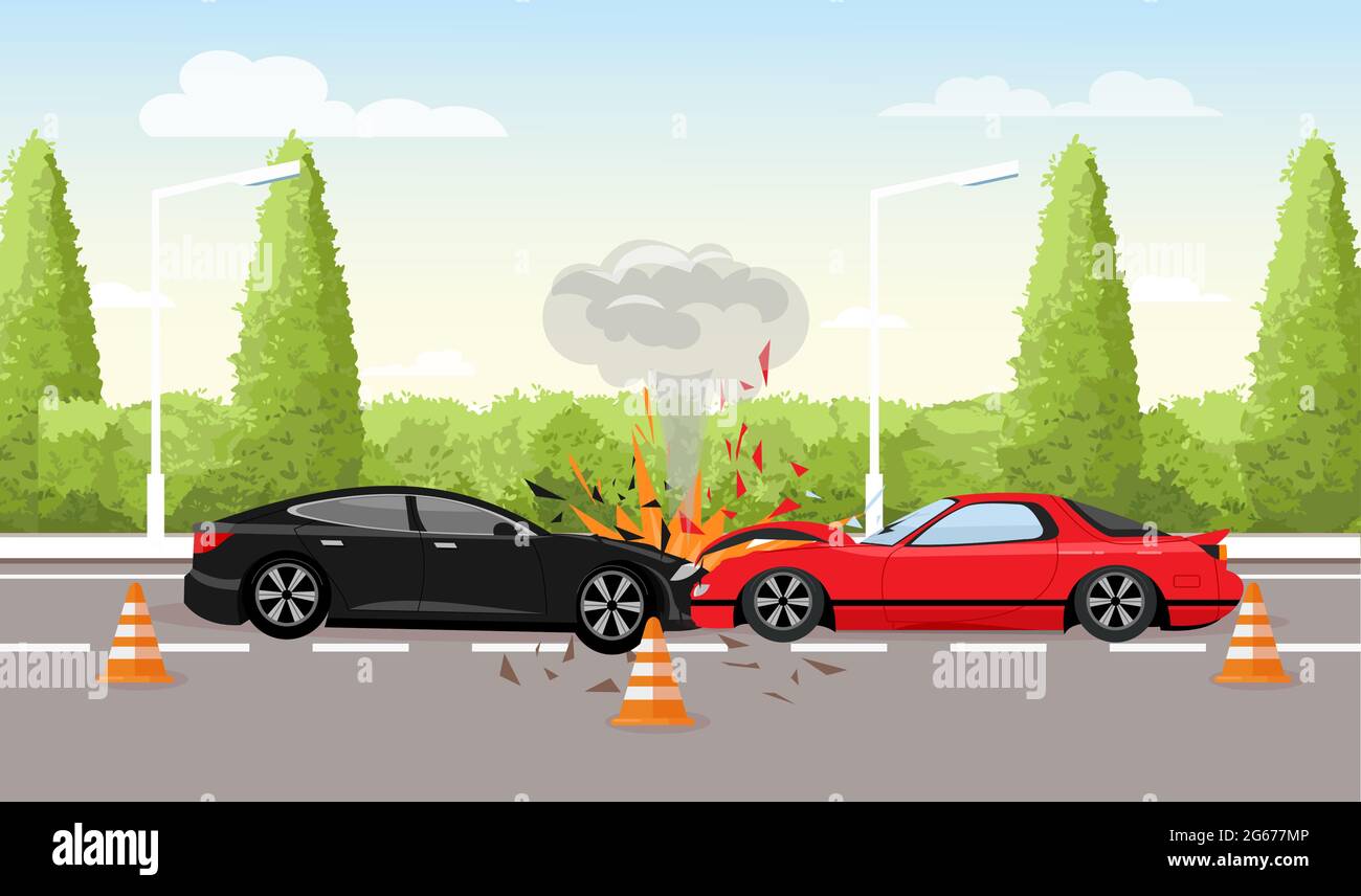 Cartoon vector illustration of car accident, crashing into the