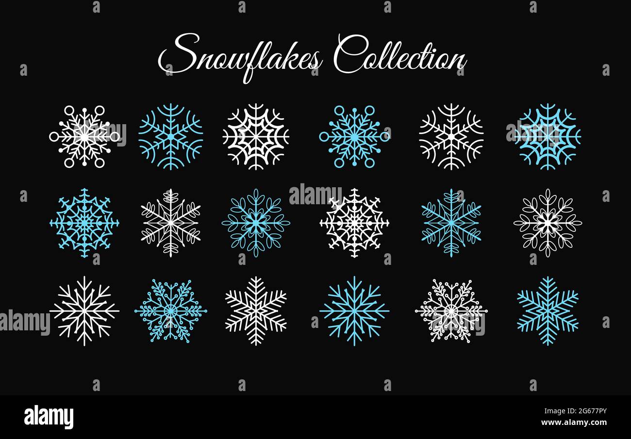 Vector illustration set of blue and white snowflakes isolated on a ...