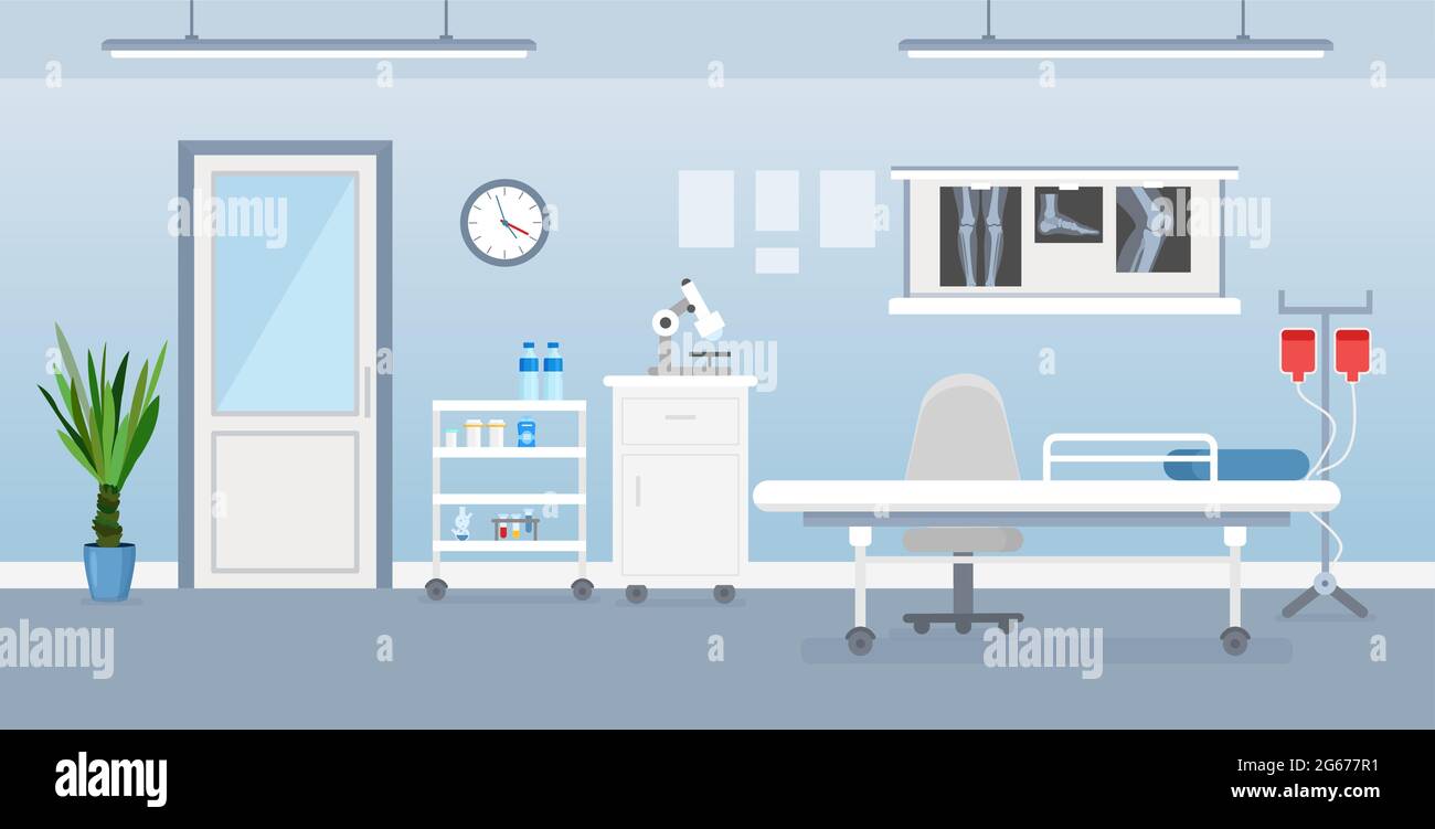 Vector illustration of hospital room interior with medical tools, bed and table. Room in hospital in flat cartoon style. Stock Vector