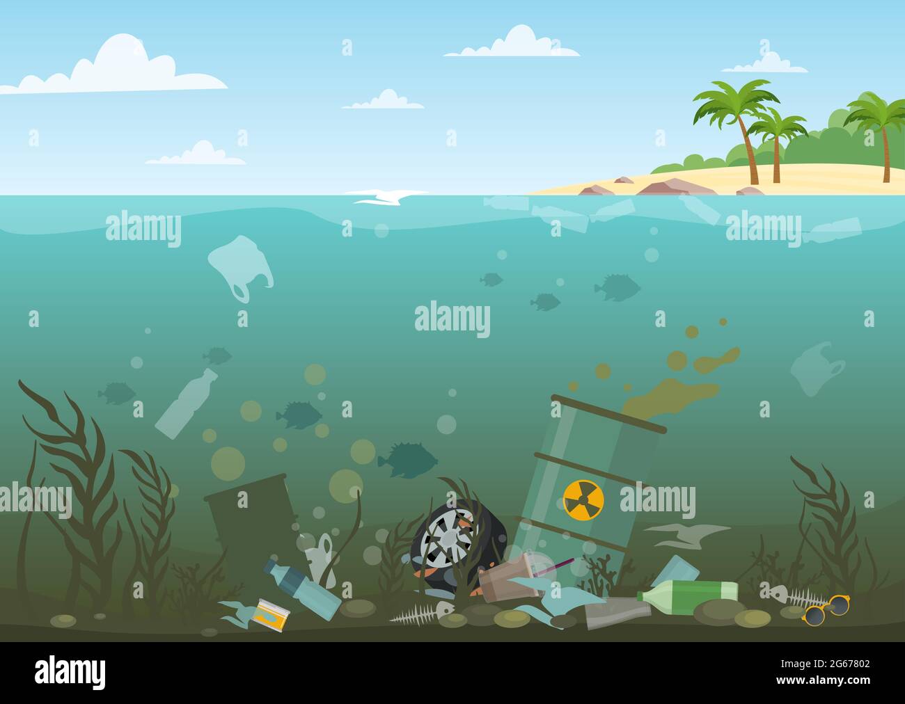 Vector illustration of ocean water full of dangerous waste at the bottom. Eco, water pollution concept. Garbage in the water, flat style. Stock Vector