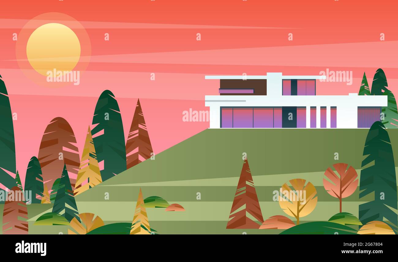 Vector Illustration of Beautiful Modern Cottage. House Exterior, Villa ...