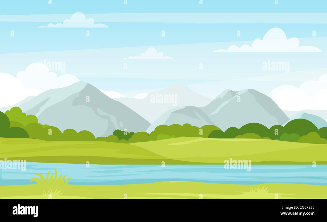 Vector illustration of summer landscape with mountains and river. Beautiful mountains view in cartoon flat style, good background for your banner Stock Vector