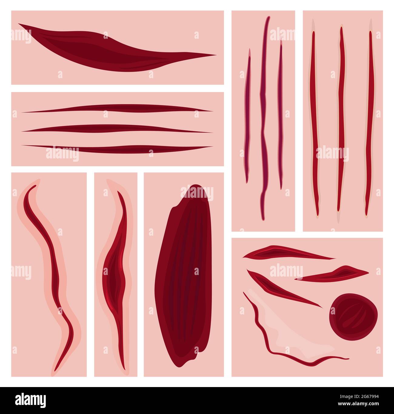 Vector illustration set of cuts, scars, bruises and slaughter. Bloody