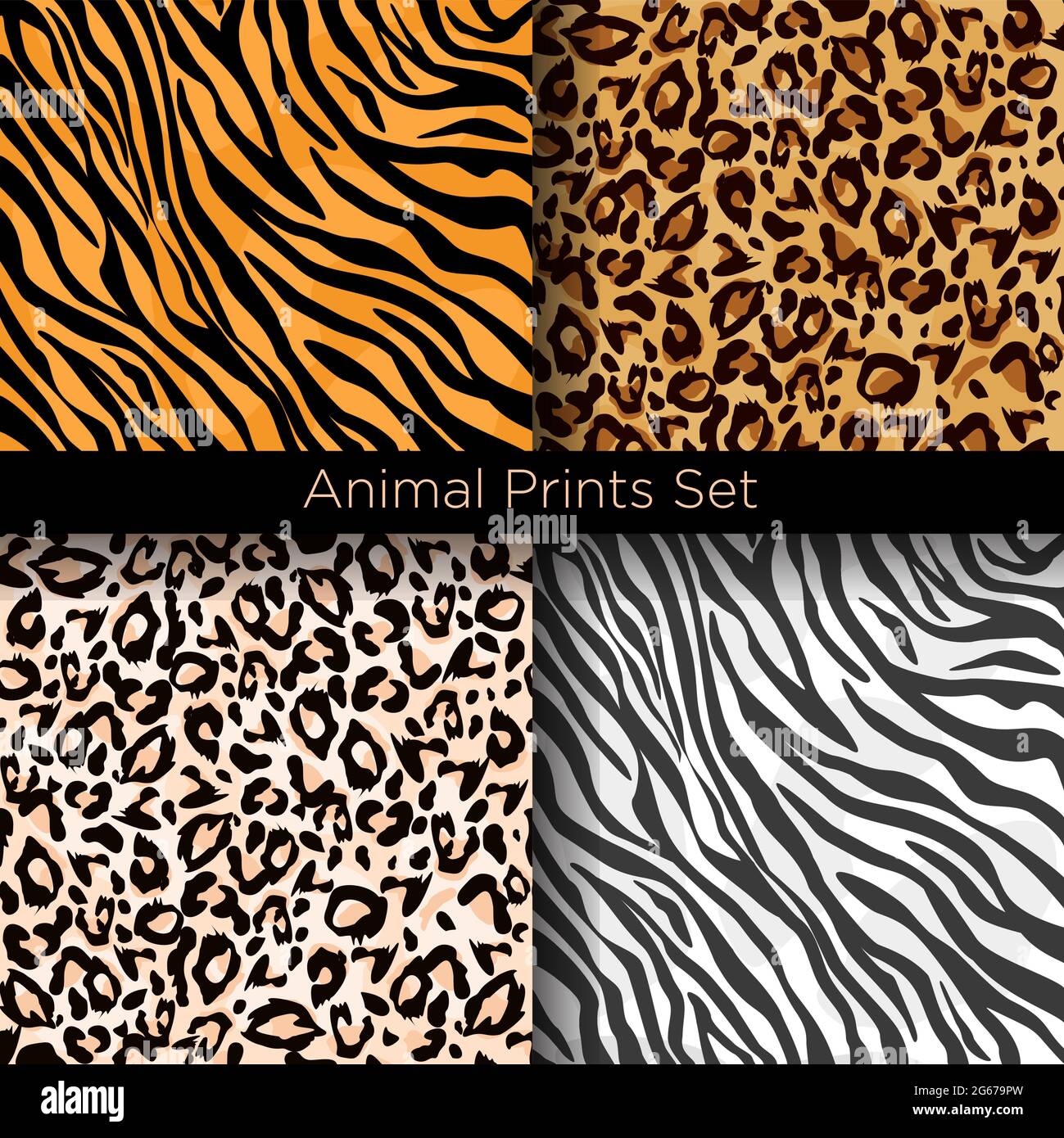 Vector illustration set of four different seamless animal patterns. Safari textile concept. Tiger, zebra, leopard and jaguar skin seamless patterns in Stock Vector