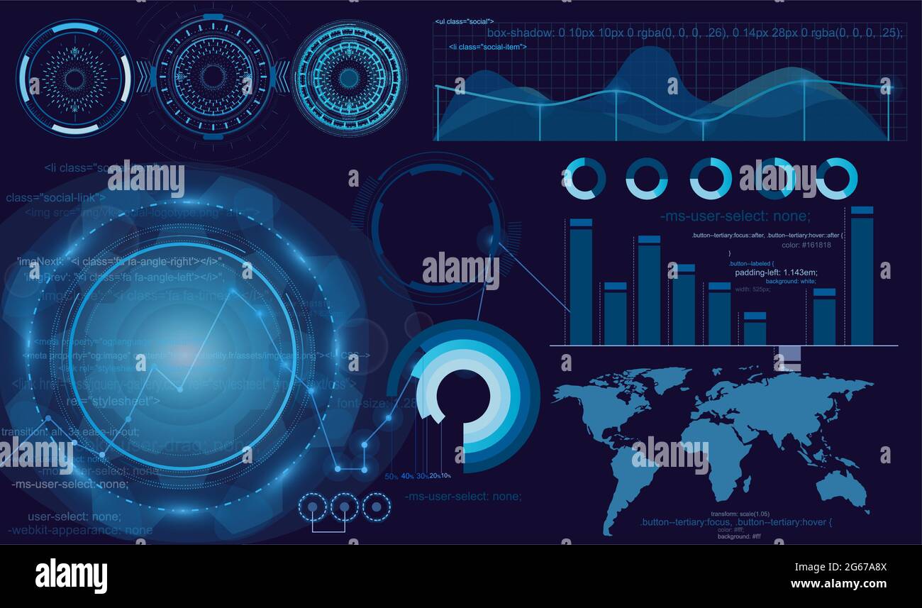 Vector illustration of futuristic display, interface hud design, infographic, scanning graph or waves, warning arrow and bar regulator. Tech and Stock Vector