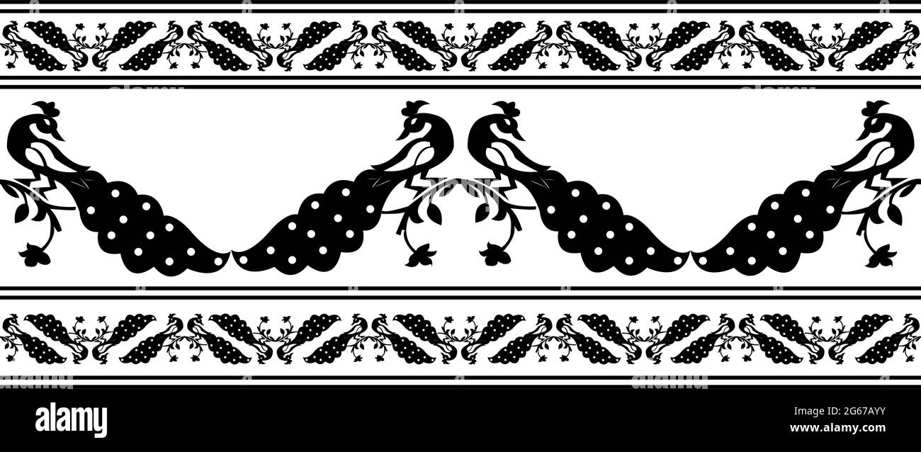 Indian Traditional saree border design concept with peacock and feathers isolated on white background is in Seamless pattern Stock Vector