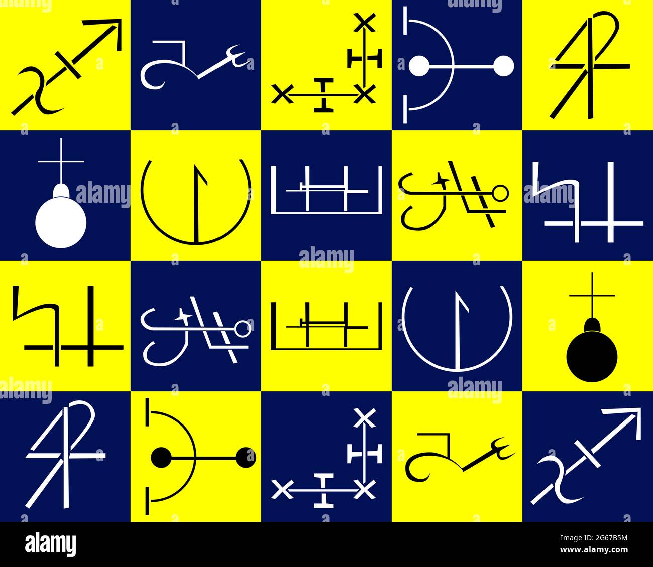 10 different type of occult symbols in yellow and phantom blue background Stock Vector