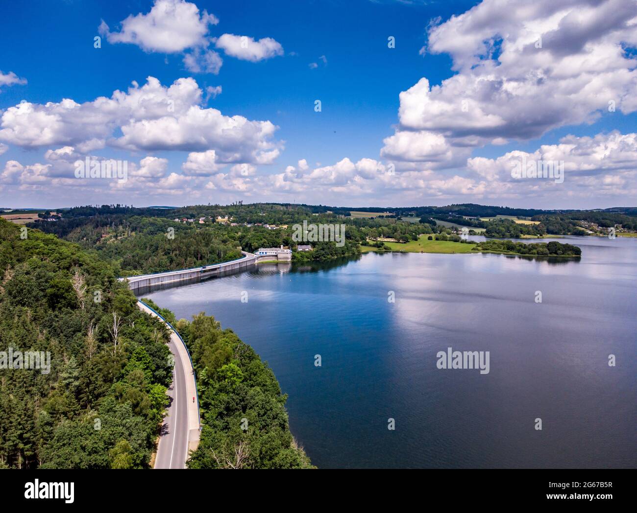 Poehl dam with dam in Vogtland from above Stock Photo