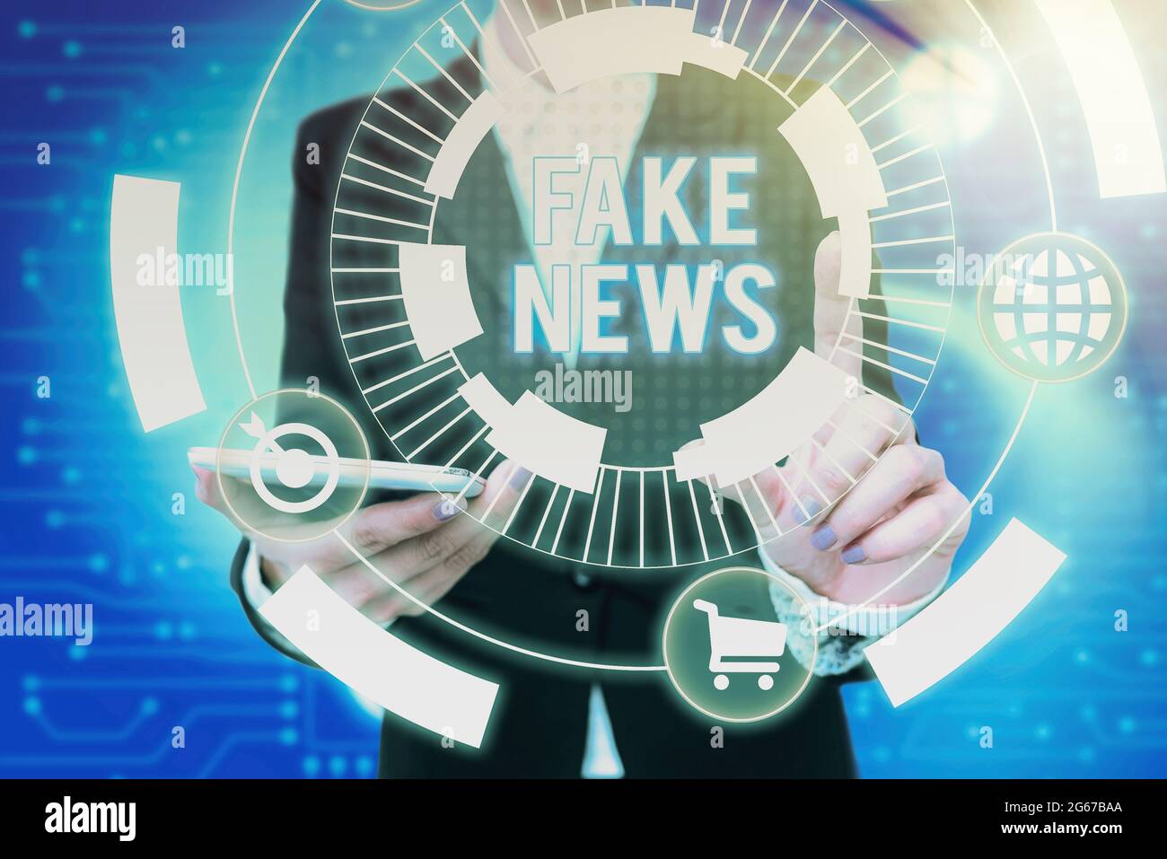 Hand writing sign Fake News. Internet Concept false information publish under the guise of being authentic news Lady In Uniform Holding Phone Pressing Stock Photo