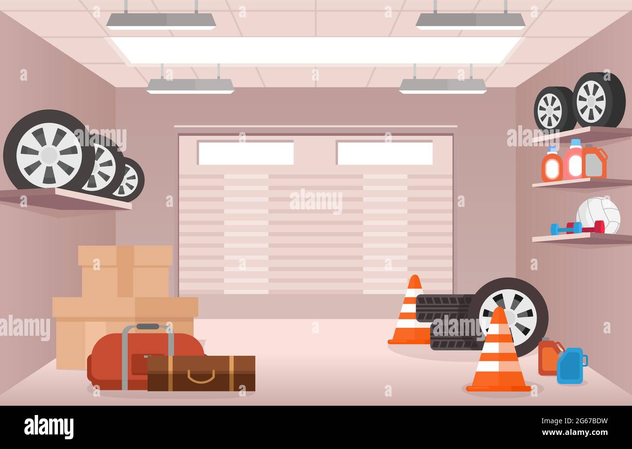 Vector illustration of empty garage interior, with some boxes, tires and bags in flat cartoon style. Stock Vector