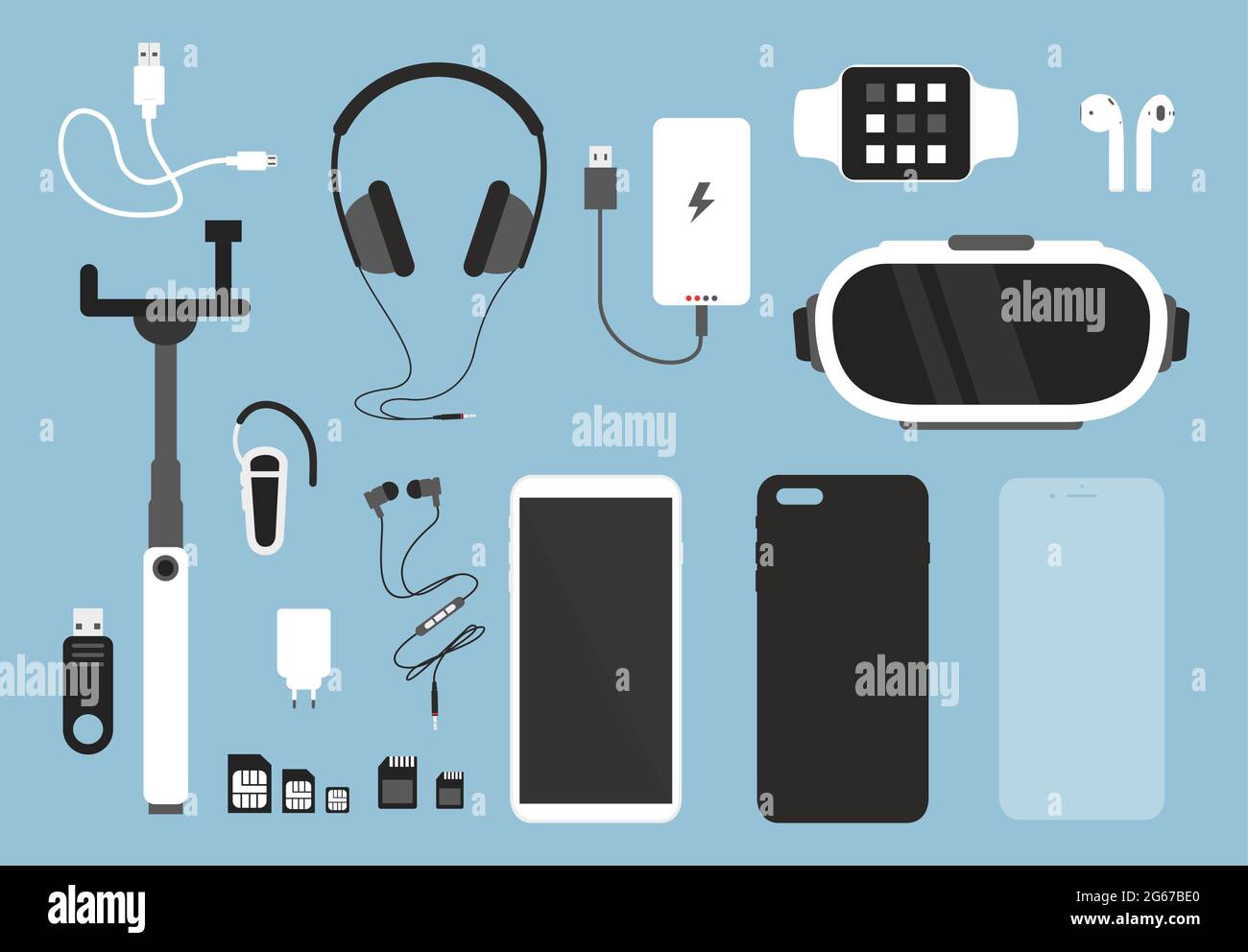 Vector illustration set of smartphone and accessories for it. Phone