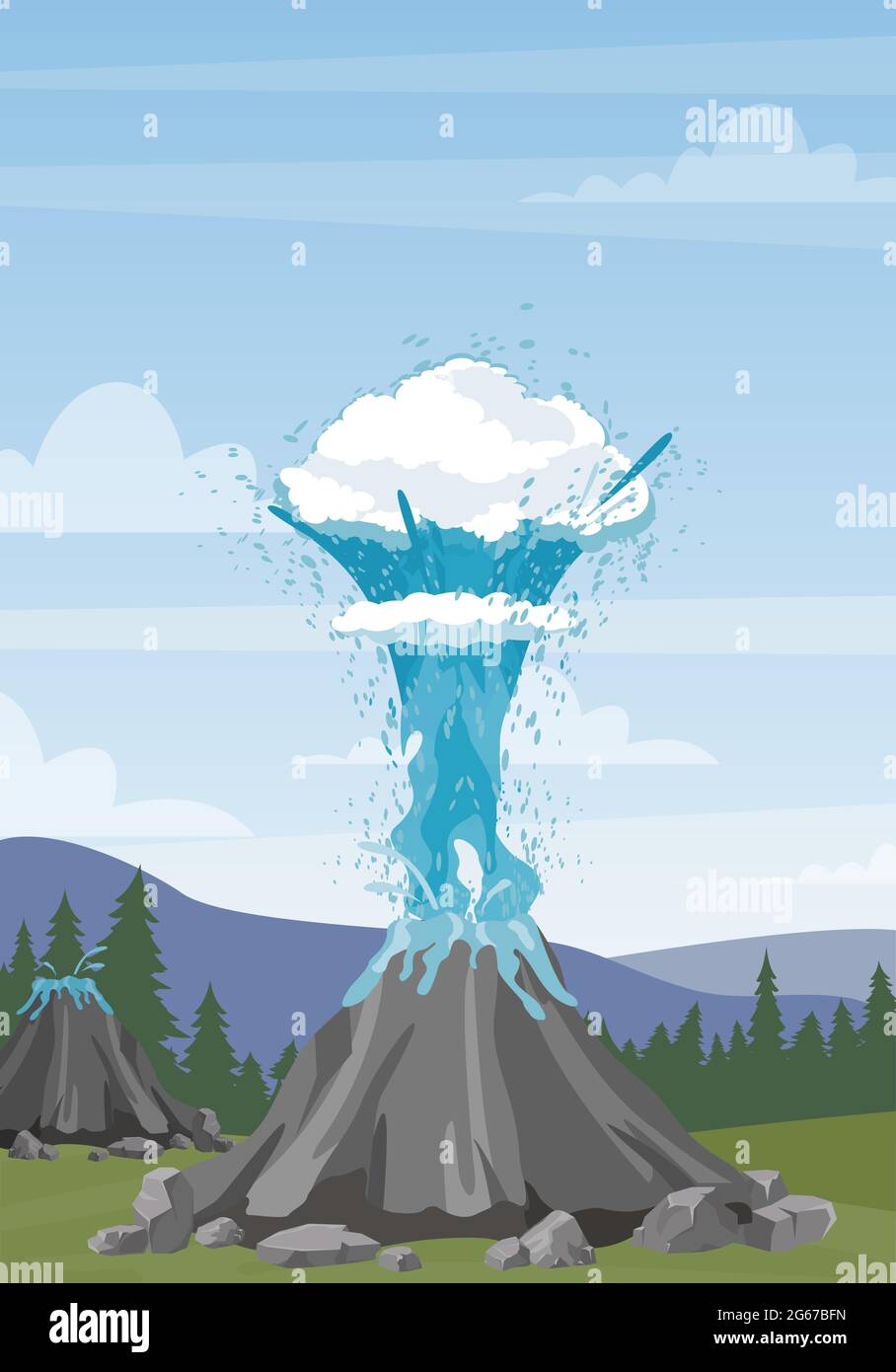 Vector illustration of water geyser and steam erupting from geyser on mountains background. Iceland landscape with geyser in flat cartoon style. Stock Vector