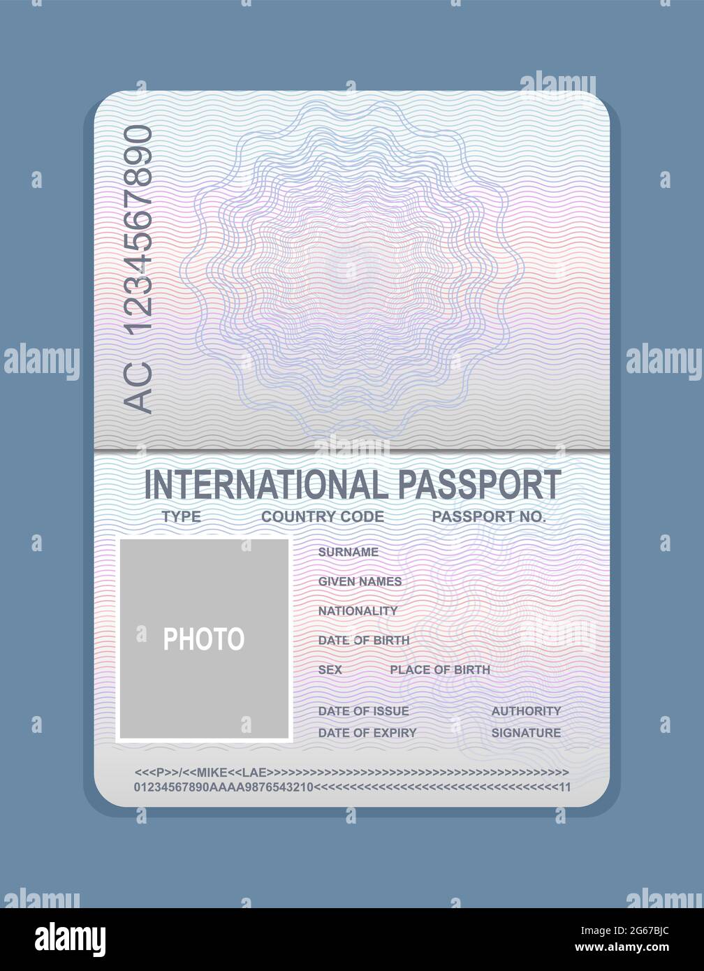 Vector illustration of open passport template. Document for travel concept, passport sample. Stock Vector