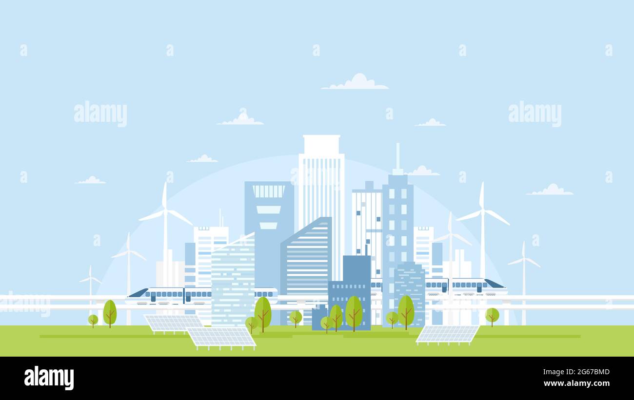 Vector illustration of eco city skyline with buildings, solar panels, wind turbines and high speed trains on light blue sky. Concept of eco living in Stock Vector