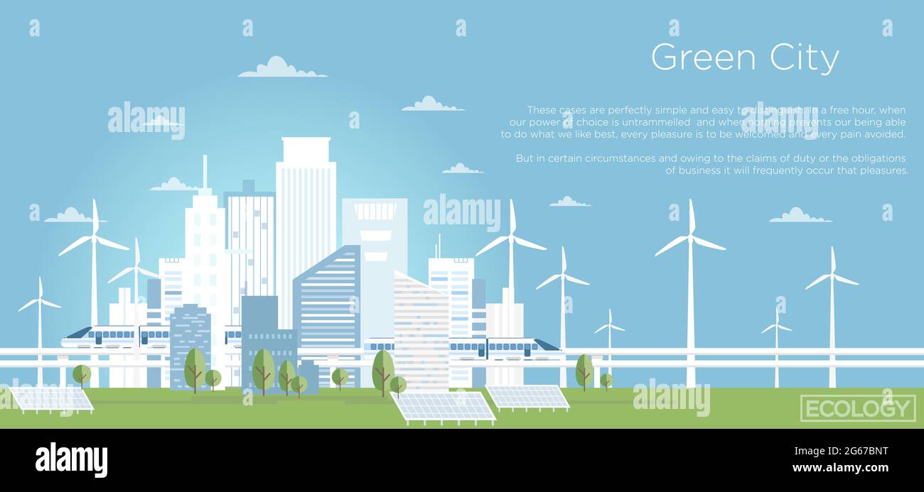 Vector illustration of Eco city concept. Big modern city skyline in flat style with place for text. city skyline with buildings, solar panels, wind Stock Vector
