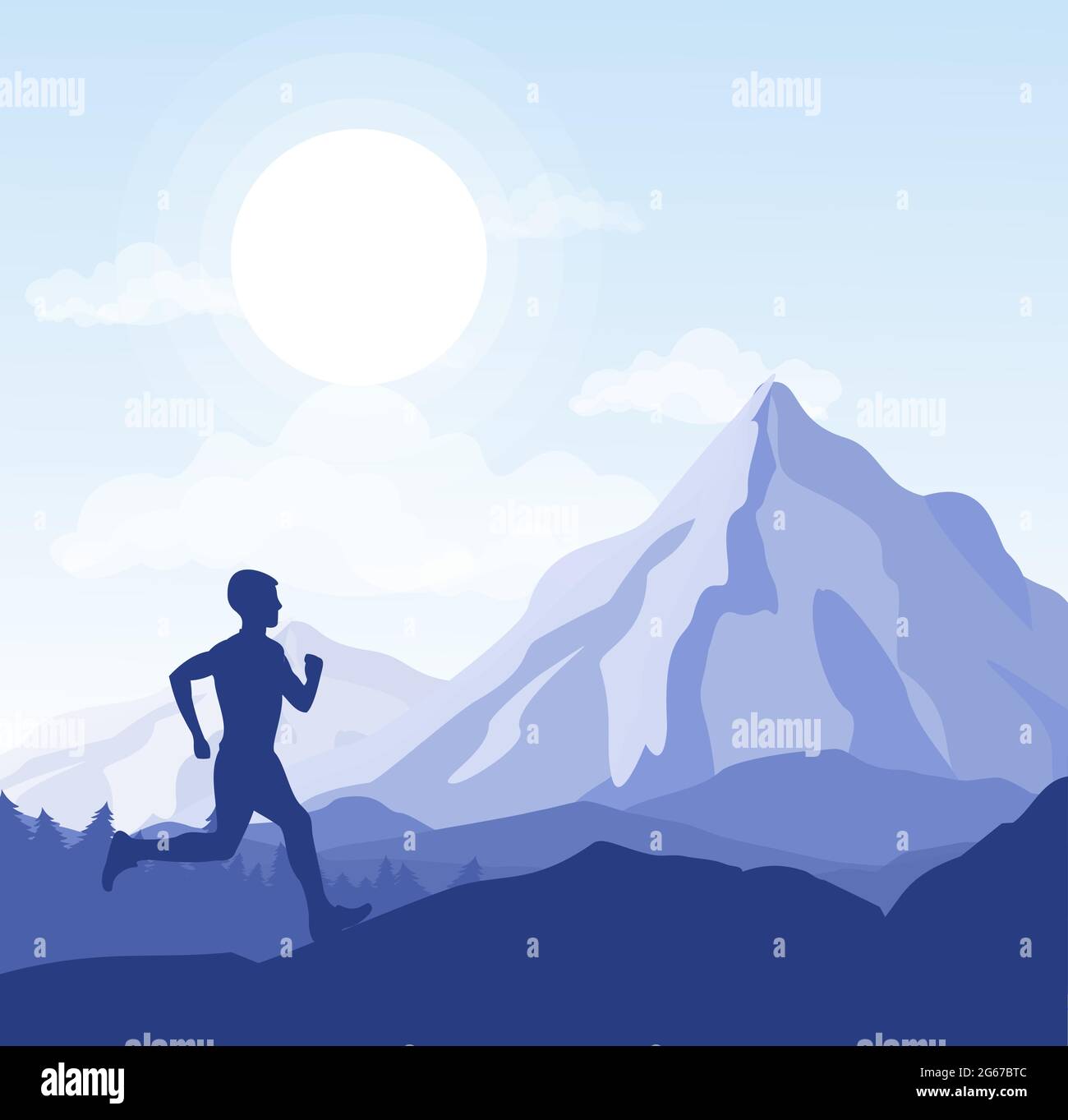 Vector illustration of running man in wild nature mountains landscape in silhouette. Stock Vector