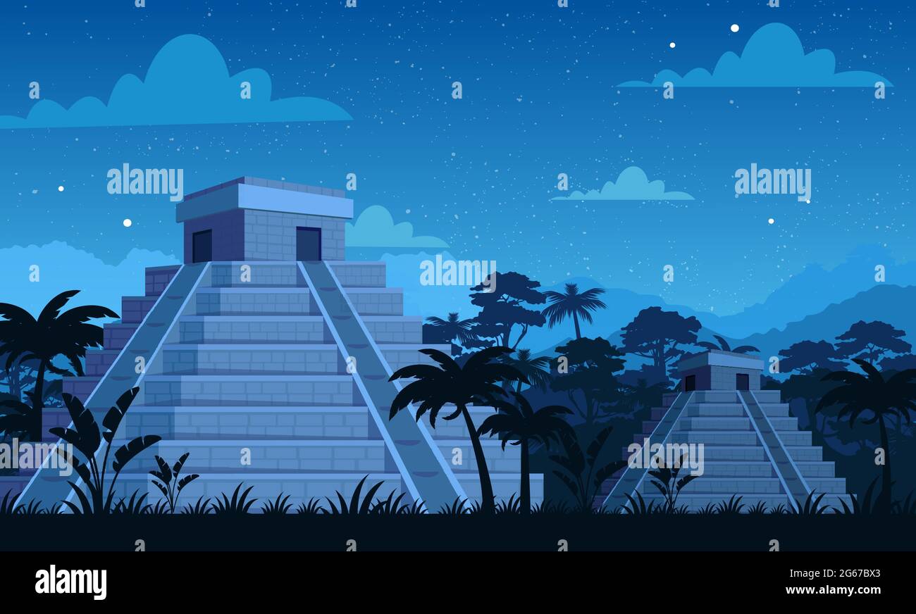 Vector illustration of ancient Mayan pyramids in night time with tropical plants, jungle and sky background in flat cartoon style. Stock Vector