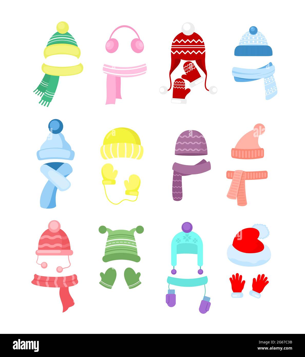 Vector illustration set of colorful winter or autumn hats, headwear collection. Knitting hats, scarves and gloves for girls and boys isolated on white Stock Vector