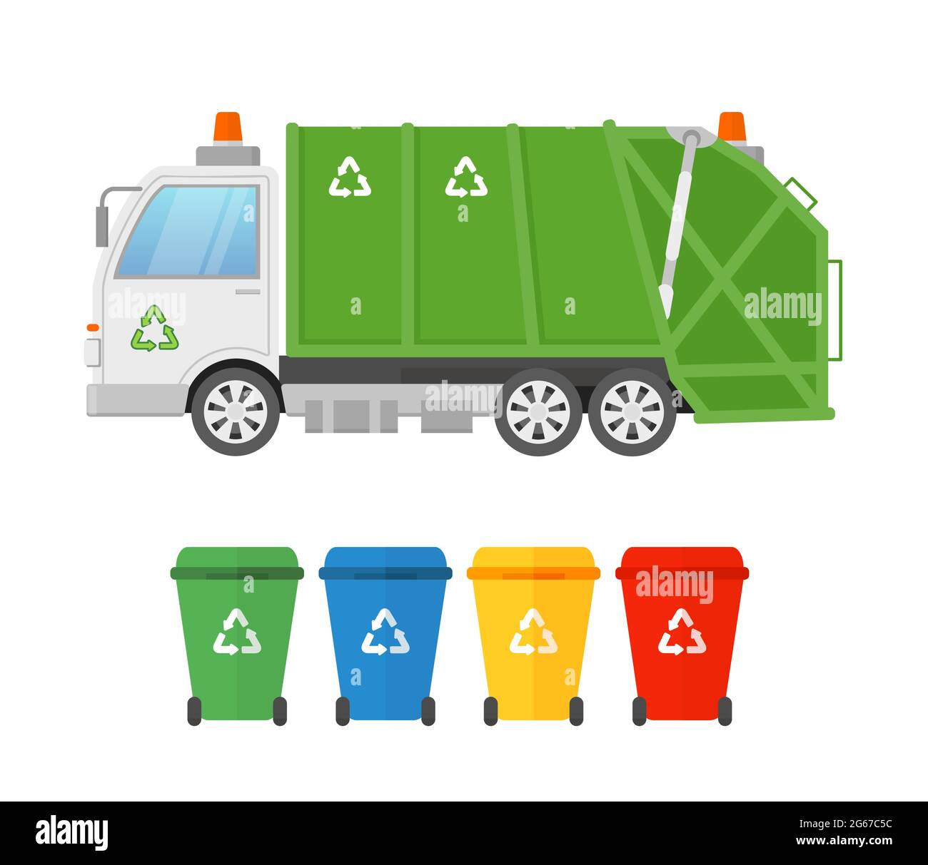 Vector illustration of urban sanitary vehicle garbage loader truck and containers for different types of garbage. Waste collection and transportation Stock Vector