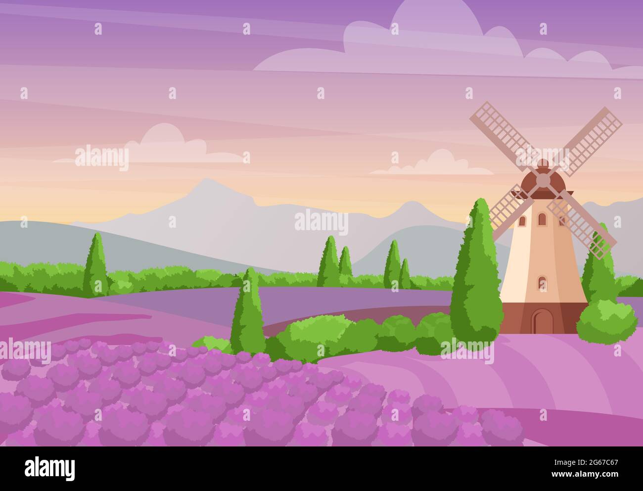 Vector illustration of beautiful colorful landscape with windmill on the lavender fields. Lavender landscape with mountains and sunset. Provence Stock Vector