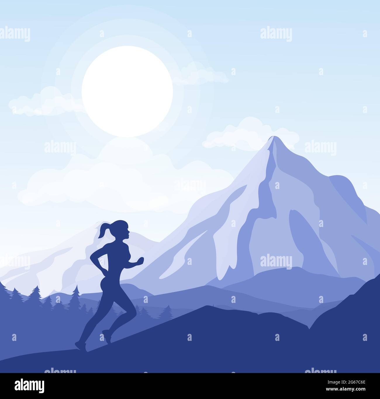 Vector illustration of young woman running in the mountains. Sport, health life concept, girl silhouette going to the top. Woman jogging, flat style. Stock Vector