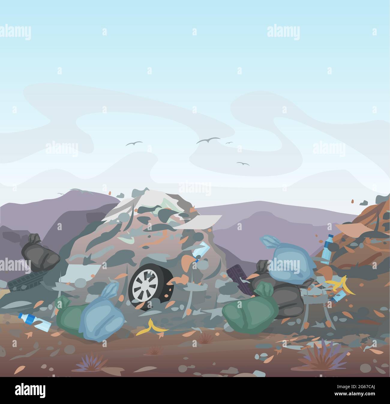 Vector illustration of garbage. landfill full of trash on mountains background. Ecology and recycle, Pollution Environment concept. Stock Vector