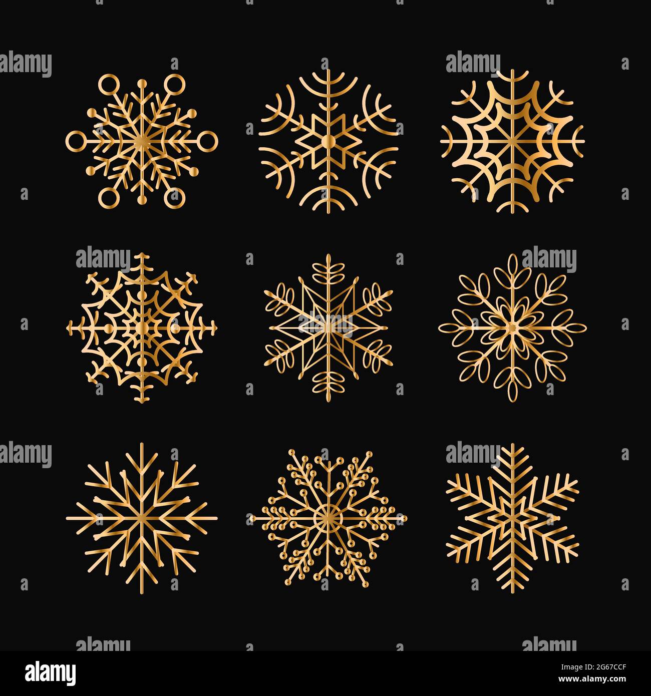 Vector illustration set of golden snowflakes isolated on black ...