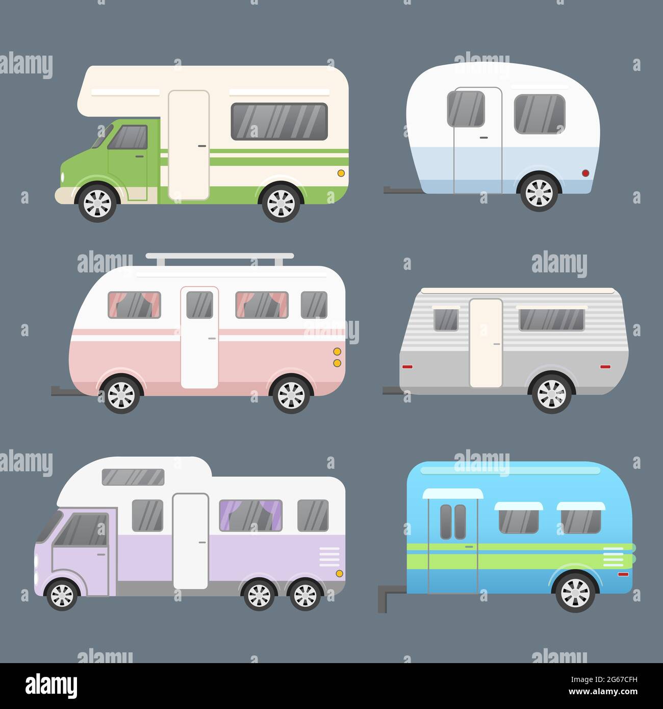 Vector illustration set of different types camping trailers, travel mobile home. Trailers for travel collection isolated on grey color background in Stock Vector
