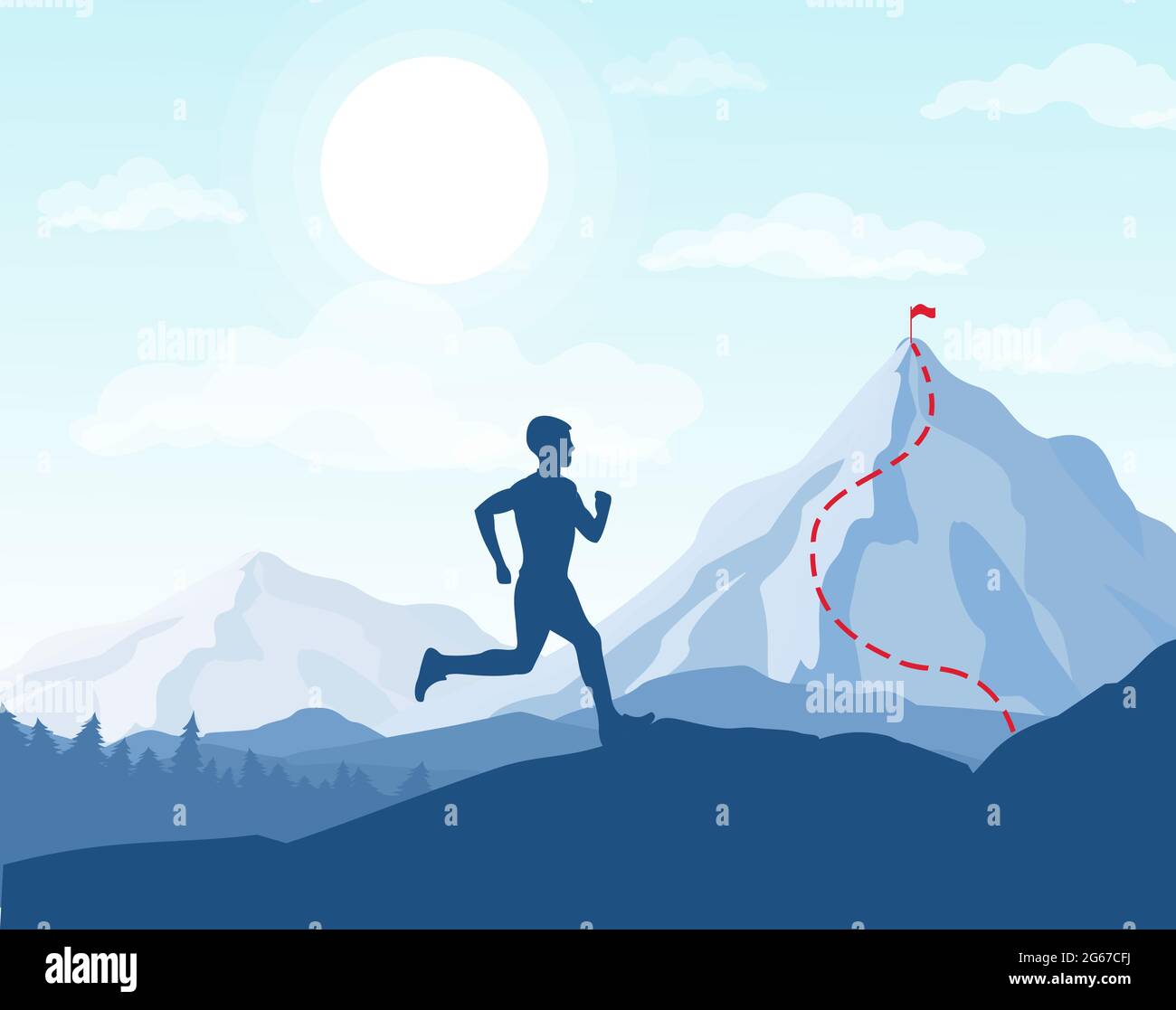 Vector illustration of running man in mountains, going to the top with the flag, business conception, achievement of the goal. Stock Vector