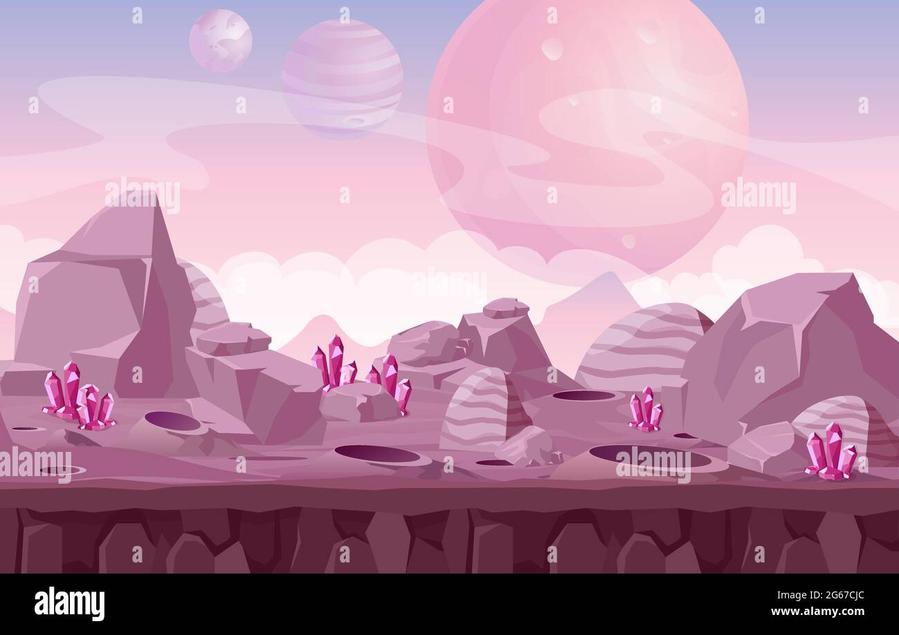 Vector illustration of beautiful alien landscape, space background in pink colors for game design. Stock Vector