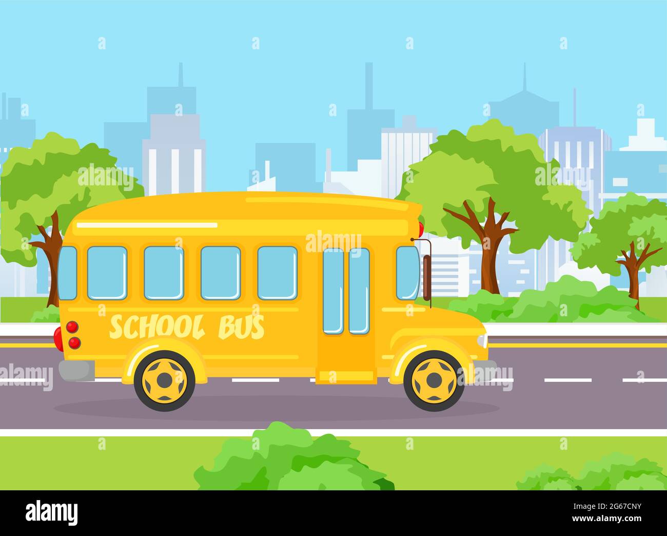 Vector illustration of yellow funny school bus for kids on the modern big city background with buildings and trees. School bus on the road in cartoon Stock Vector
