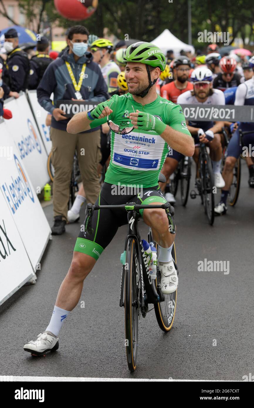 Oyonnax, France. 03 July 2021. Mark Cavendish at the start of the 8th stage of the Tour de France in Oyonnax, France. Julian Elliott News Photography Credit: Julian Elliott/Alamy Live News Stock Photo