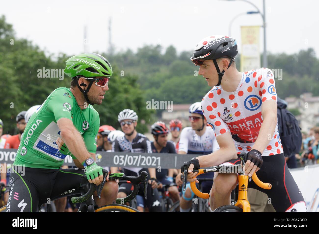 Oyonnax, France. 03 July 2021. Matej Mohoric and Mark Cavendish at the start of the 8th stage of the Tour de France in Oyonnax, France. Julian Elliott News Photography Credit: Julian Elliott/Alamy Live News Stock Photo