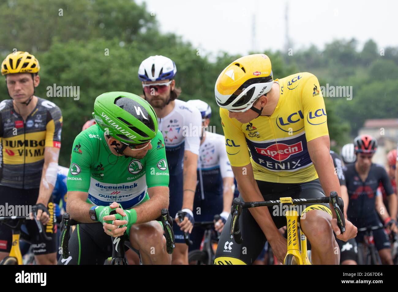 Oyonnax, France. 03 July 2021. Mathieu Van Der Poel and Mark Cavendish at the start of the 8th stage of the Tour de France in Oyonnax, France. Julian Elliott News Photography Credit: Julian Elliott/Alamy Live News Stock Photo